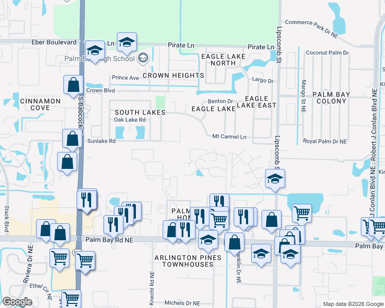 map of restaurants, bars, coffee shops, grocery stores, and more near 1713 Patty Circle Northeast in Palm Bay