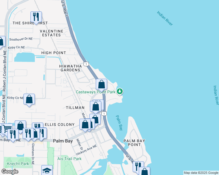 map of restaurants, bars, coffee shops, grocery stores, and more near 2950 Kirkland Road Northeast in Palm Bay