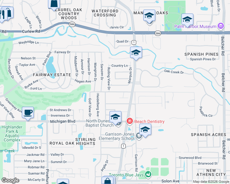 map of restaurants, bars, coffee shops, grocery stores, and more near 1605 Brady Drive in Dunedin