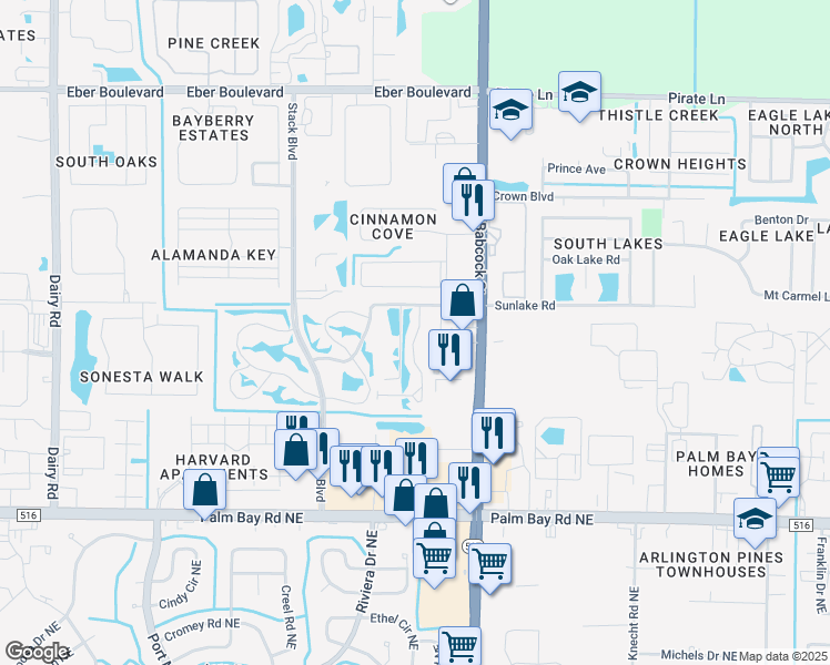 map of restaurants, bars, coffee shops, grocery stores, and more near 4561 Beck Lake Trail in Melbourne
