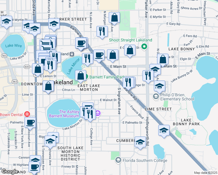 map of restaurants, bars, coffee shops, grocery stores, and more near 909 1/2 East Orange Street in Lakeland