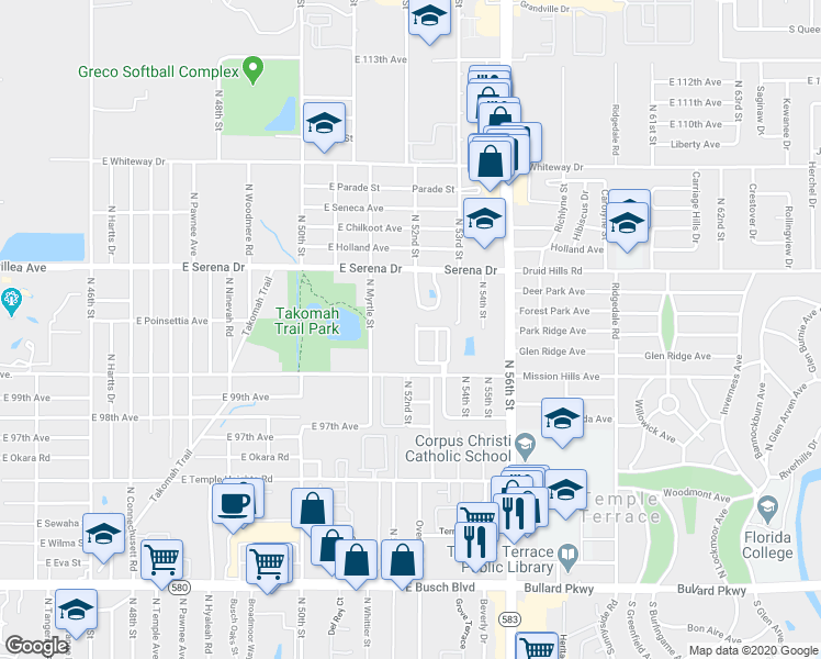 map of restaurants, bars, coffee shops, grocery stores, and more near 5108 Mission Hills Avenue in Tampa