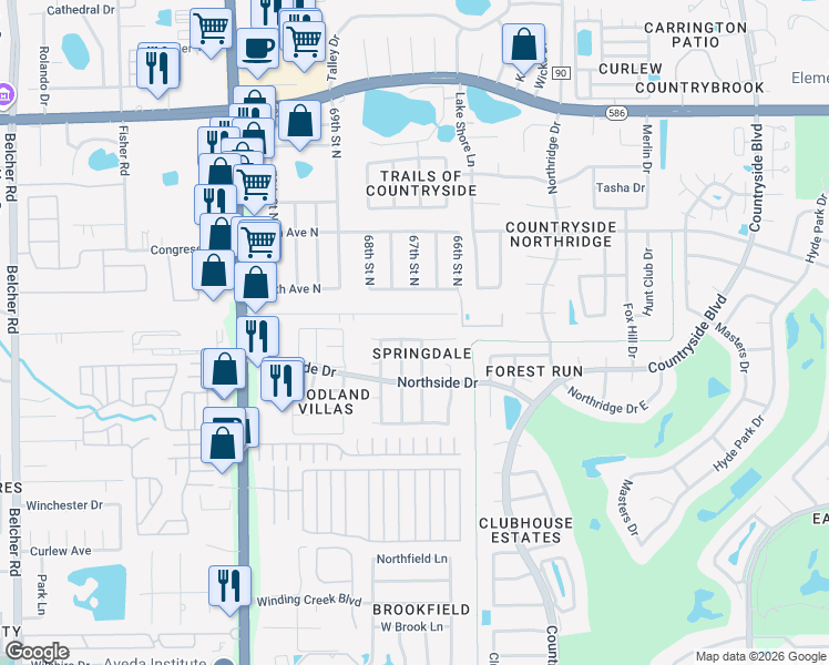 map of restaurants, bars, coffee shops, grocery stores, and more near 2567 Elderberry Drive in Clearwater