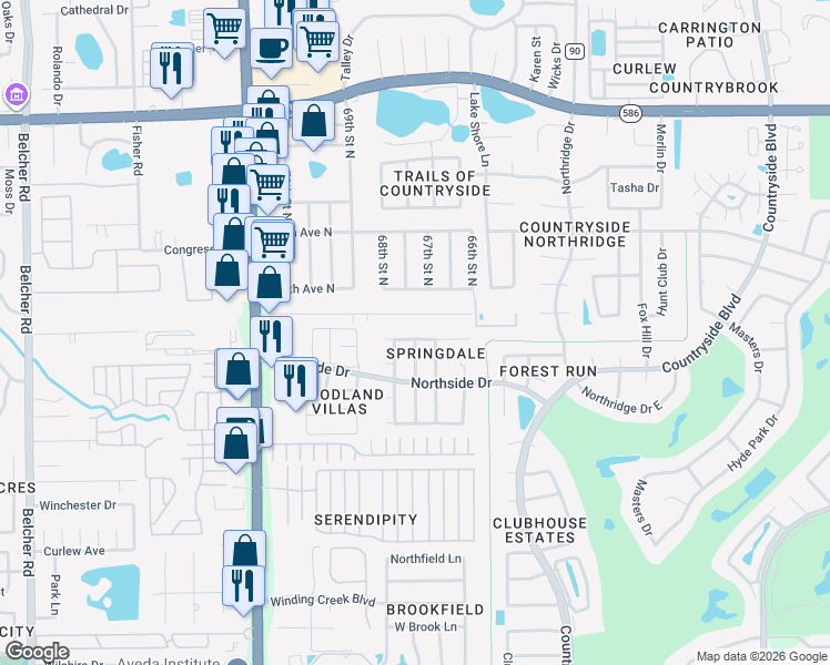 map of restaurants, bars, coffee shops, grocery stores, and more near 3278 Pine Haven Drive in Clearwater