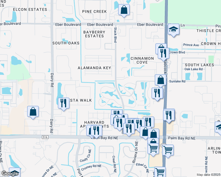 map of restaurants, bars, coffee shops, grocery stores, and more near 4950 Lake Waterford Way West in Melbourne