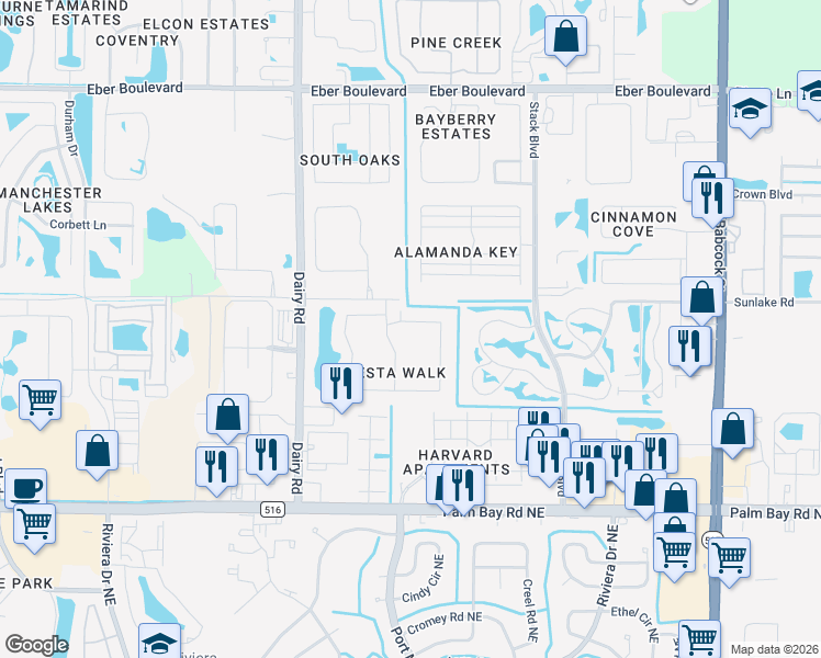 map of restaurants, bars, coffee shops, grocery stores, and more near 745 Luminary Circle in Melbourne