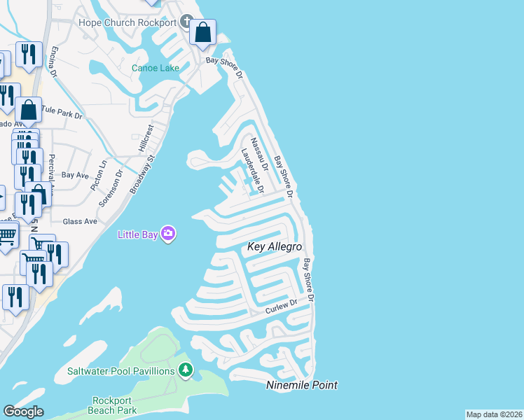 map of restaurants, bars, coffee shops, grocery stores, and more near 13 Flamingo Road in Rockport