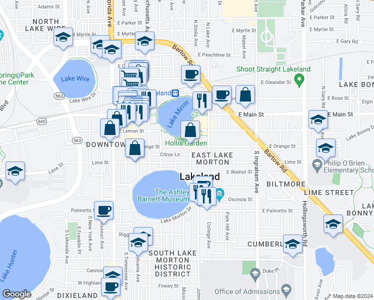 map of restaurants, bars, coffee shops, grocery stores, and more near 625 East Orange Street in Lakeland