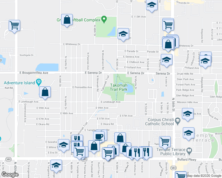 map of restaurants, bars, coffee shops, grocery stores, and more near 10099 Takomah Trail in Tampa
