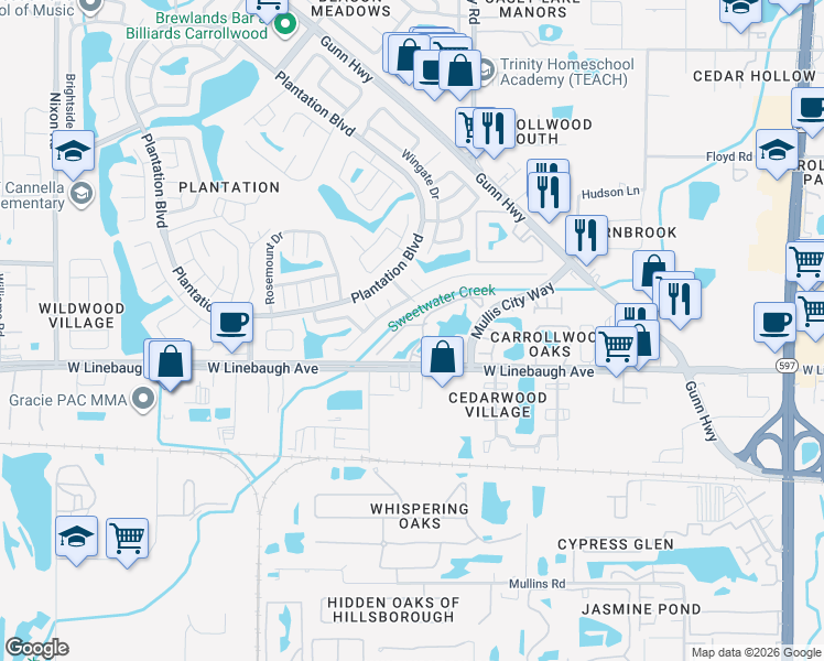 map of restaurants, bars, coffee shops, grocery stores, and more near 10028 Strafford Oak Court in Tampa