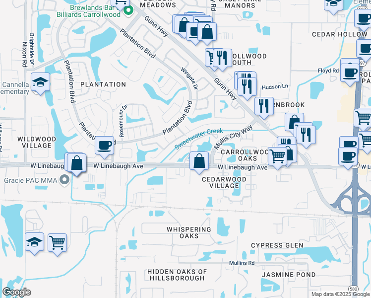 map of restaurants, bars, coffee shops, grocery stores, and more near 4115 Chatham Oak Court in Tampa