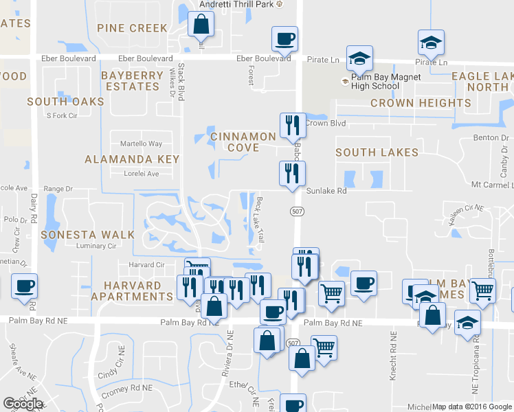 map of restaurants, bars, coffee shops, grocery stores, and more near 4561 Beck Lake Trail in Melbourne