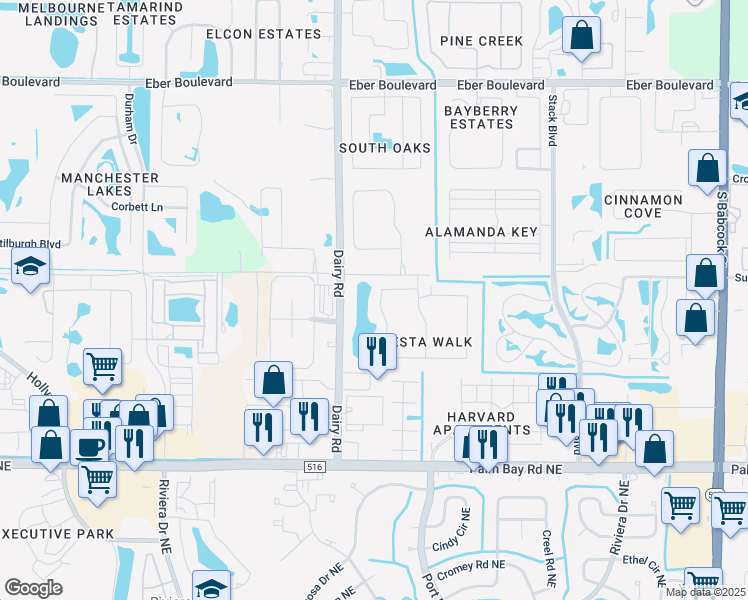 map of restaurants, bars, coffee shops, grocery stores, and more near 1180 Luminary Circle in Melbourne