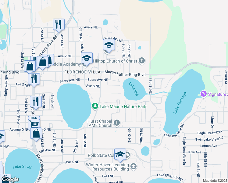 map of restaurants, bars, coffee shops, grocery stores, and more near 834 Avenue R Northeast in Winter Haven