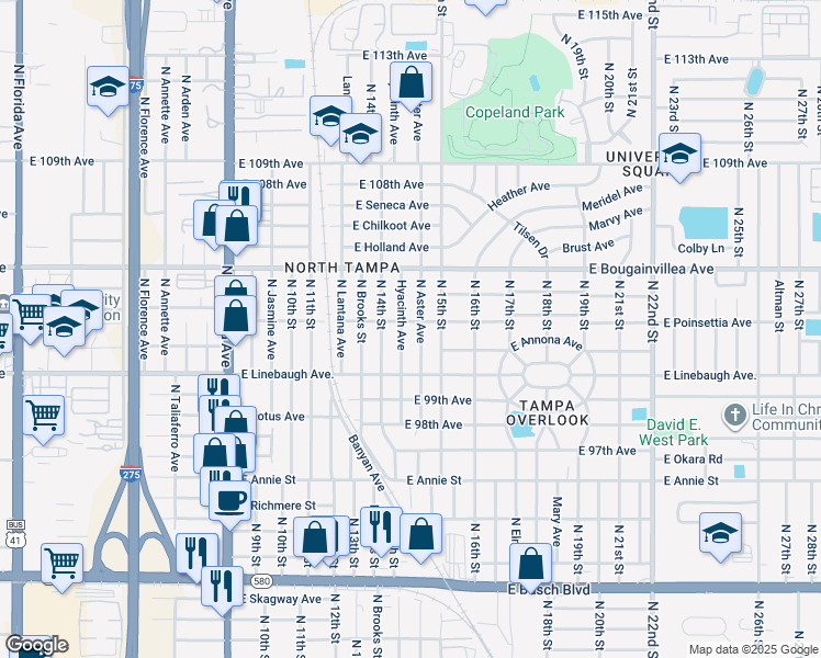 map of restaurants, bars, coffee shops, grocery stores, and more near 10014 Hyacinth Avenue in Tampa