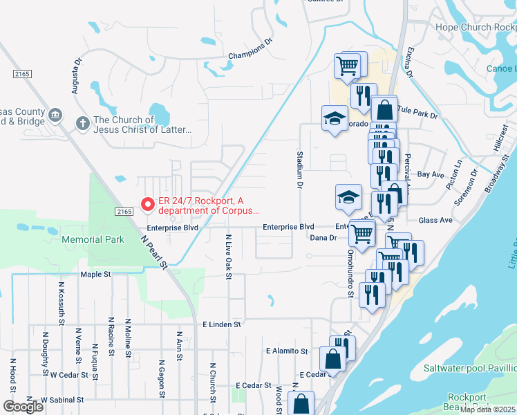 map of restaurants, bars, coffee shops, grocery stores, and more near 1110 Enterprise Boulevard in Rockport