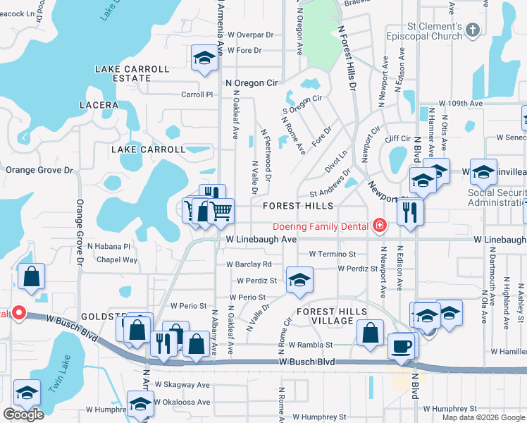 map of restaurants, bars, coffee shops, grocery stores, and more near 1521 West Meadowbrook Avenue in Tampa