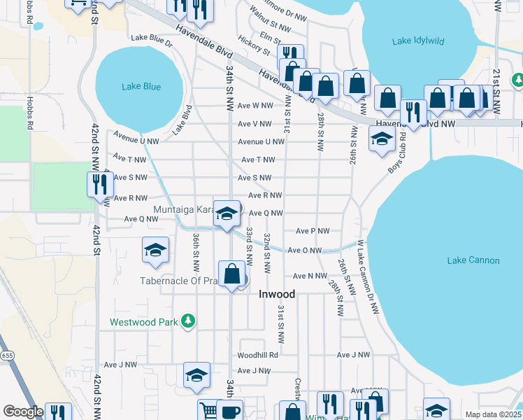 map of restaurants, bars, coffee shops, grocery stores, and more near 1594 33rd Street Northwest in Winter Haven