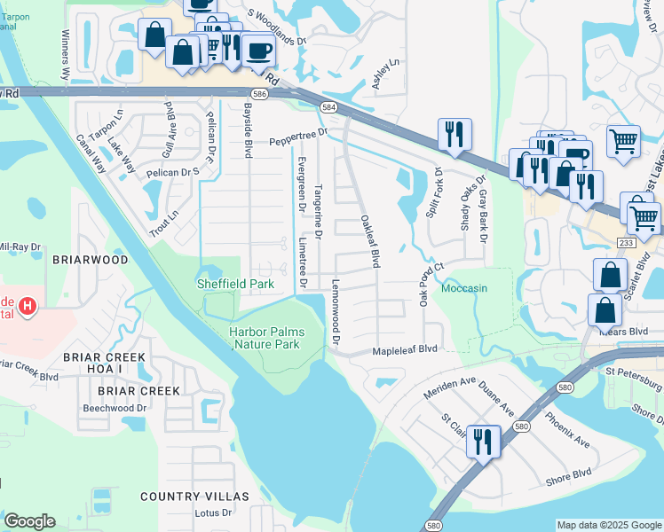 map of restaurants, bars, coffee shops, grocery stores, and more near 608 Lemonwood Drive in Oldsmar