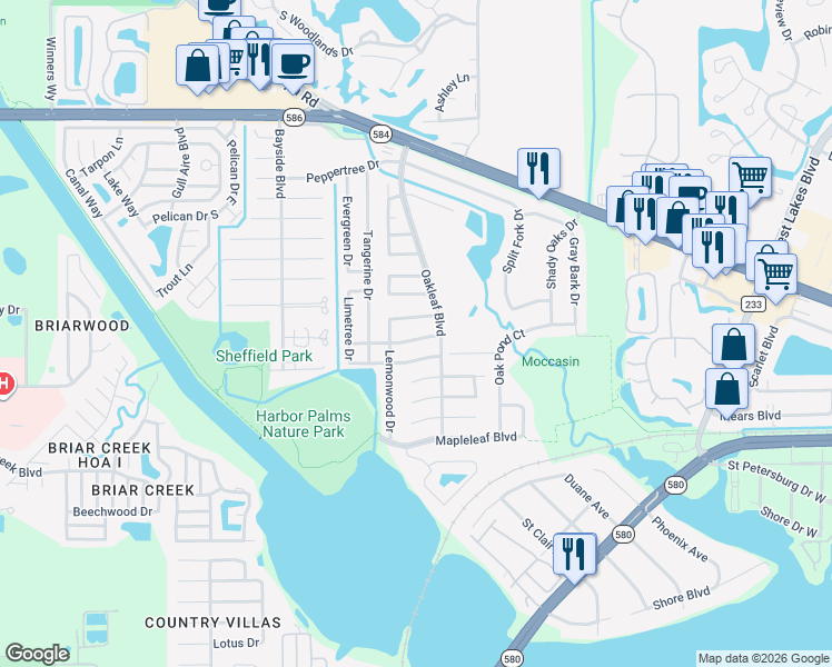 map of restaurants, bars, coffee shops, grocery stores, and more near 1808 Forest Drive in Oldsmar