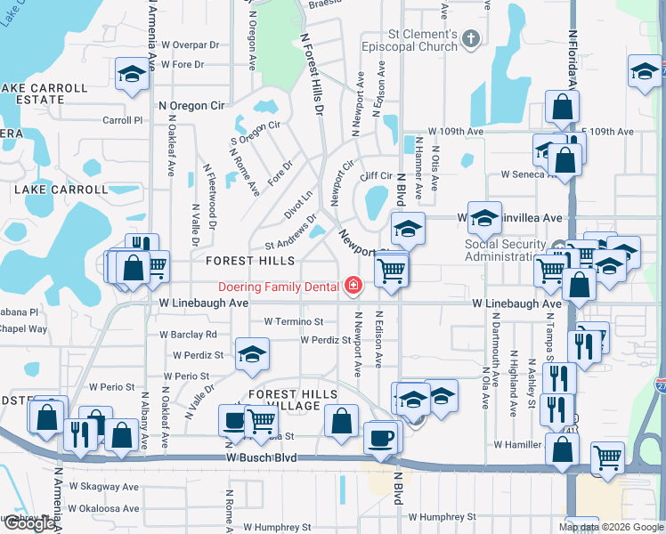 map of restaurants, bars, coffee shops, grocery stores, and more near 1304 West Bogie Drive in Tampa