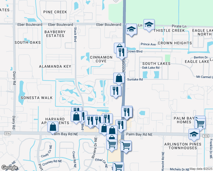 map of restaurants, bars, coffee shops, grocery stores, and more near 4500 Beck Lake Trail in Melbourne