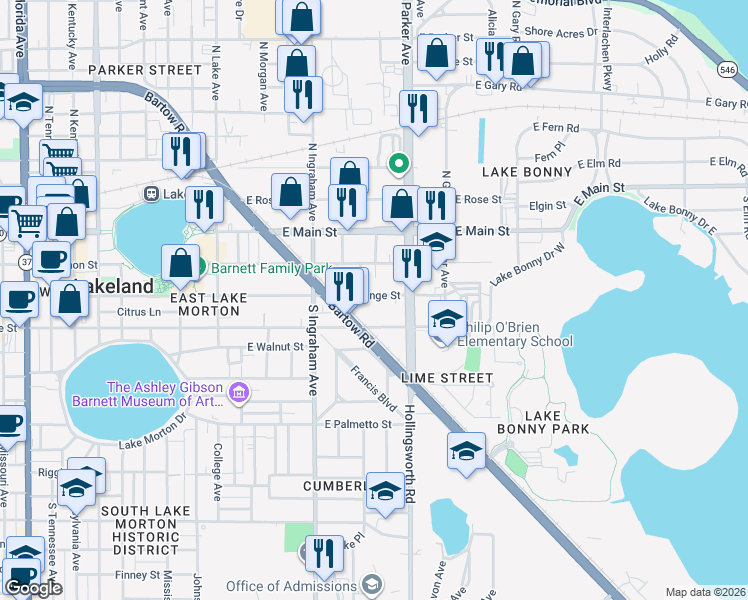 map of restaurants, bars, coffee shops, grocery stores, and more near 1118 Lime Street in Lakeland