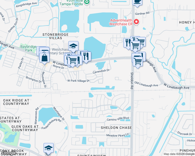 map of restaurants, bars, coffee shops, grocery stores, and more near 9502 West Park Village Drive in Tampa