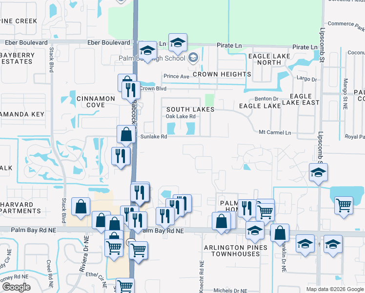 map of restaurants, bars, coffee shops, grocery stores, and more near 1860 Mogra Circle Northeast in Palm Bay