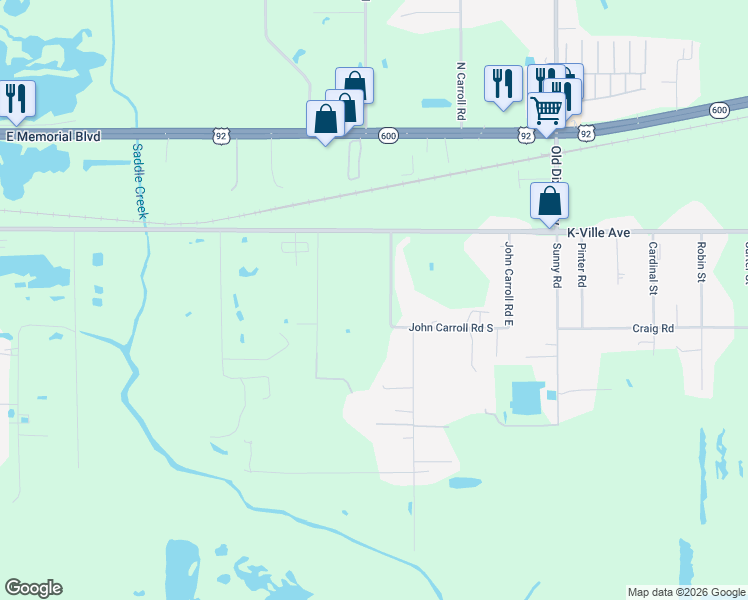 map of restaurants, bars, coffee shops, grocery stores, and more near 225 John Carroll Road West in Lakeland