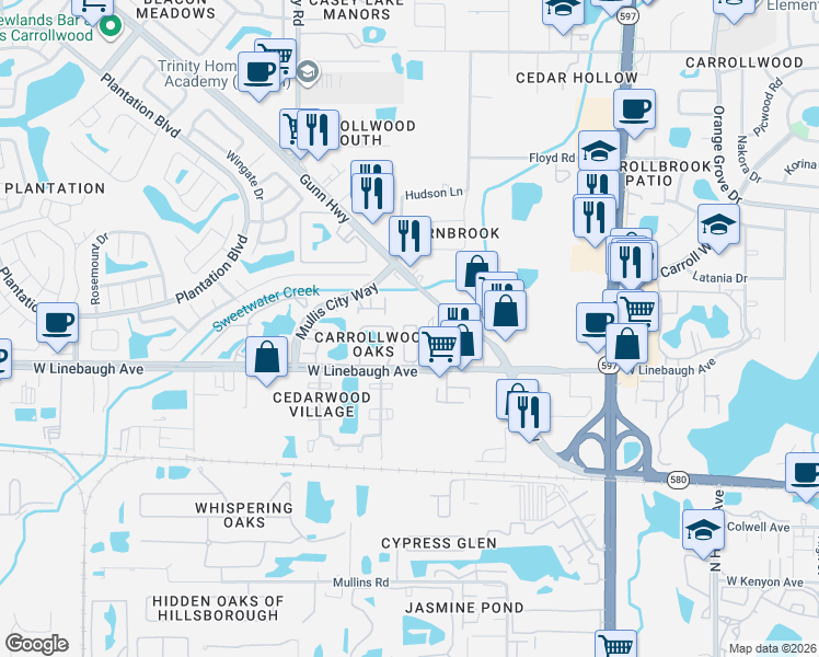 map of restaurants, bars, coffee shops, grocery stores, and more near 10044 Old Haven Way in Tampa