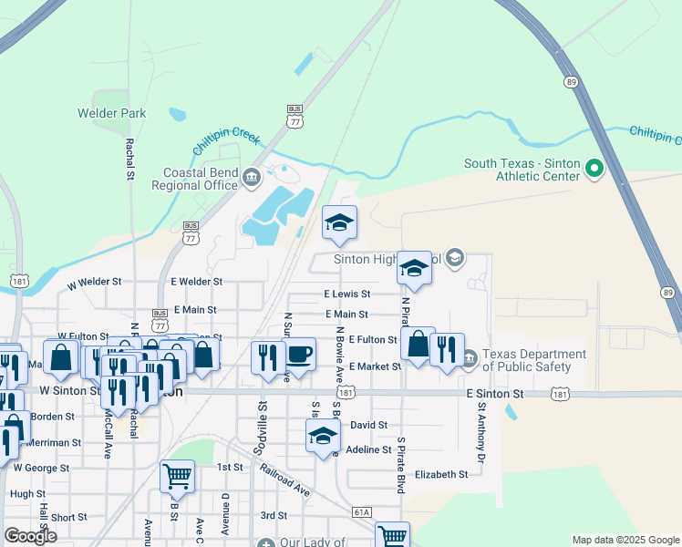 map of restaurants, bars, coffee shops, grocery stores, and more near 600 North Bowie Avenue in Sinton