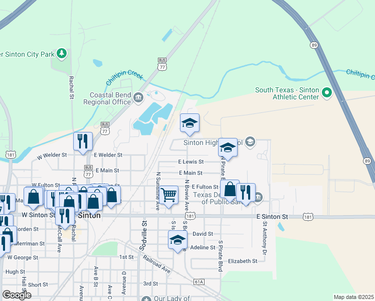 map of restaurants, bars, coffee shops, grocery stores, and more near 600 North Bowie Avenue in Sinton