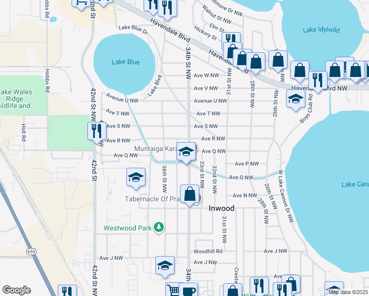 map of restaurants, bars, coffee shops, grocery stores, and more near 1727 34th Street Northwest in Winter Haven