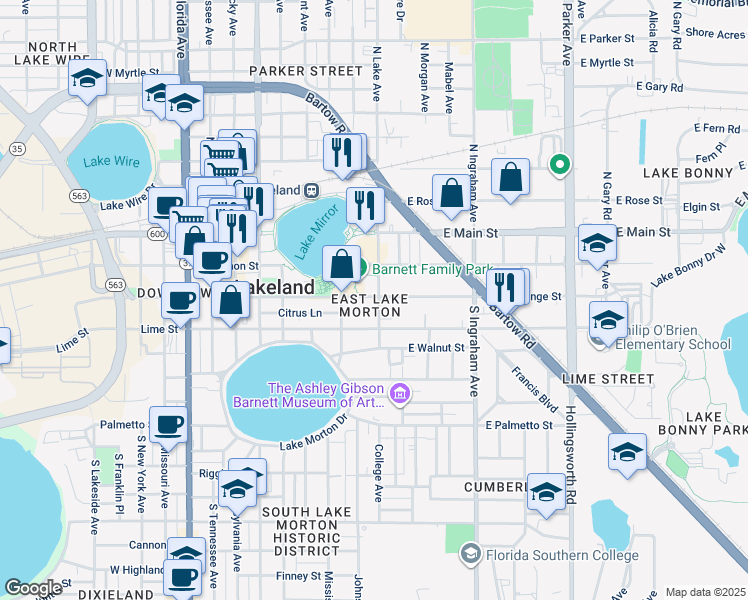 map of restaurants, bars, coffee shops, grocery stores, and more near 301 South Lake Avenue in Lakeland