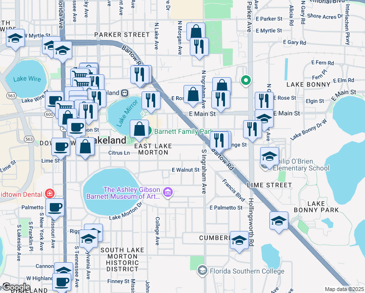 map of restaurants, bars, coffee shops, grocery stores, and more near 909 1/2 East Orange Street in Lakeland