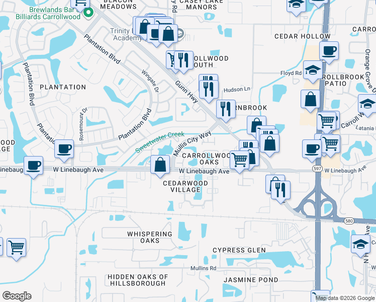 map of restaurants, bars, coffee shops, grocery stores, and more near 4311 Deermont Circle in Tampa