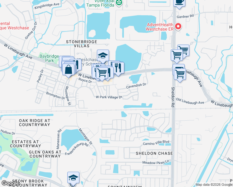 map of restaurants, bars, coffee shops, grocery stores, and more near 9518 West Park Village Drive in Tampa