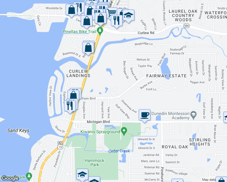 map of restaurants, bars, coffee shops, grocery stores, and more near 2131 Gulf View Boulevard in Dunedin