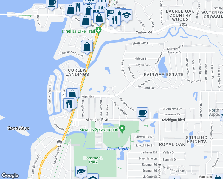 map of restaurants, bars, coffee shops, grocery stores, and more near 2131 Gulf View Boulevard in Dunedin