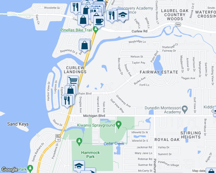 map of restaurants, bars, coffee shops, grocery stores, and more near 2187 Gulf View Boulevard in Dunedin