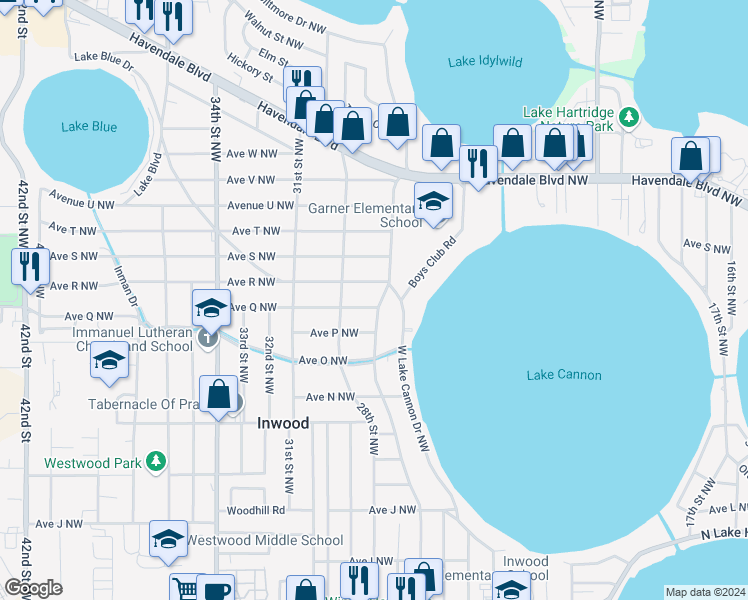 map of restaurants, bars, coffee shops, grocery stores, and more near 1705 26th Street Northwest in Winter Haven