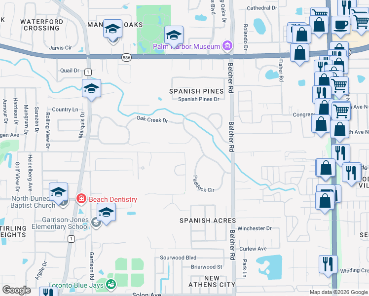 map of restaurants, bars, coffee shops, grocery stores, and more near 2075 Brady Drive in Dunedin