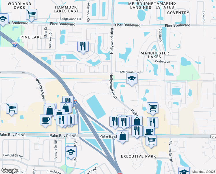 map of restaurants, bars, coffee shops, grocery stores, and more near 4152 Merrillville Drive in West Melbourne