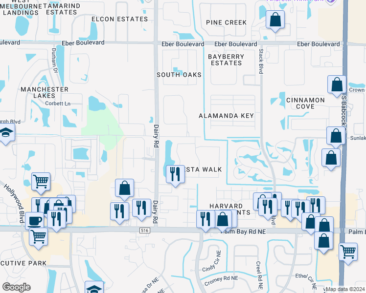 map of restaurants, bars, coffee shops, grocery stores, and more near 1165 Luminary Circle in Melbourne