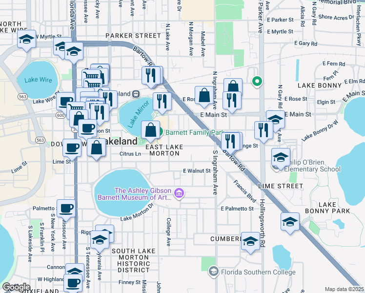 map of restaurants, bars, coffee shops, grocery stores, and more near 828 Lime Street in Lakeland
