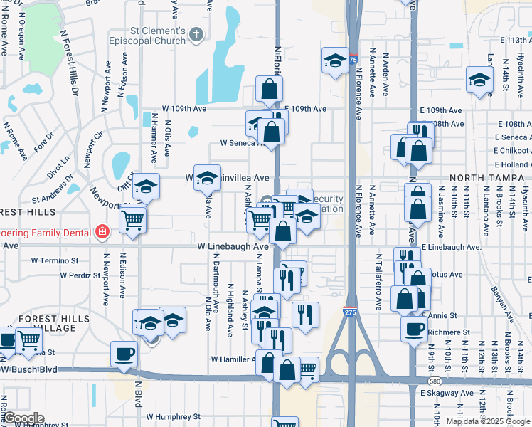 map of restaurants, bars, coffee shops, grocery stores, and more near in Tampa