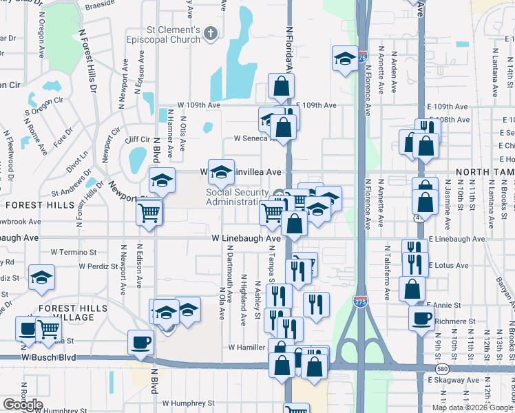 map of restaurants, bars, coffee shops, grocery stores, and more near 10103 North Ashley Street in Tampa