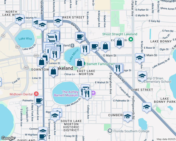 map of restaurants, bars, coffee shops, grocery stores, and more near 301 South Lake Avenue in Lakeland