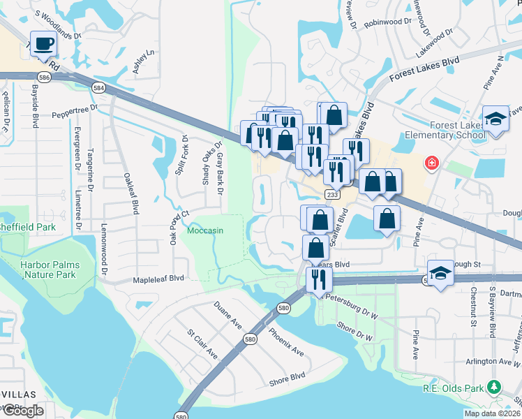 map of restaurants, bars, coffee shops, grocery stores, and more near 1224 Old Village Way in Oldsmar